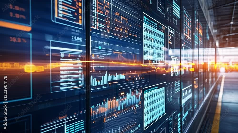 Poster multiple digital screens display complex data and information, visualizing a manufacturing process i