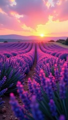 Soft pink hues over lavender fields at sunset, floral, landscape