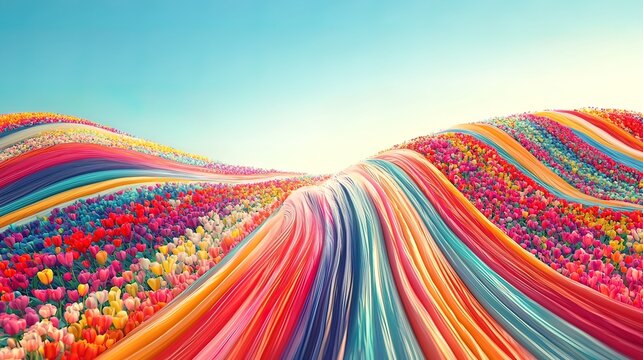 Vibrant rainbow ribbons flow over a field of colorful tulips under a bright blue sky.