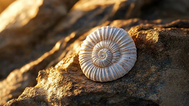 Unique spiral shell resting on a textured rock under soft sunlight at the beach during late afternoon