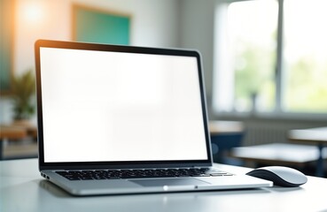 Modern laptop on white table in light interior. Blank screen. Empty room with blurred furniture. Indoor setting suitable for various contexts like study work. Digital device ready for use