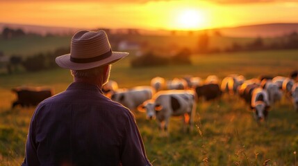 Rural farmer with cows at sunset countryside photography nature