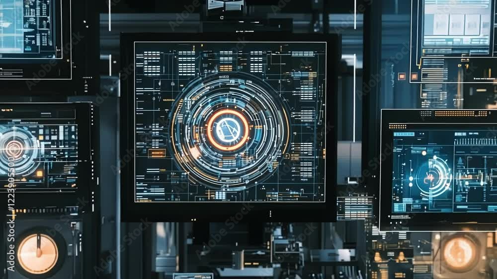 Poster multiple digital screens displaying data and controlling automated machinery in a futuristic manufac