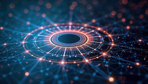 Innovative futuristic visualization shows blockchain network in digital tech environment. Central hub connects data points via glowing lines. Dynamic network structure represents secure, efficient