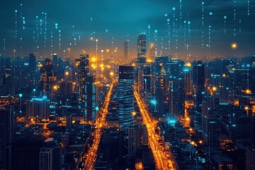 Night cityscape with digital data streams. Illustrates smart city concepts, digital transformation, and technological advancements.