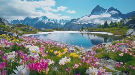 Vibrant wildflowers bloom near a pristine alpine lake, reflecting snow-capped mountains under a bright blue sky.