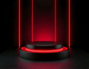 3D render, Blank black podium in dark studio with red LED light ,