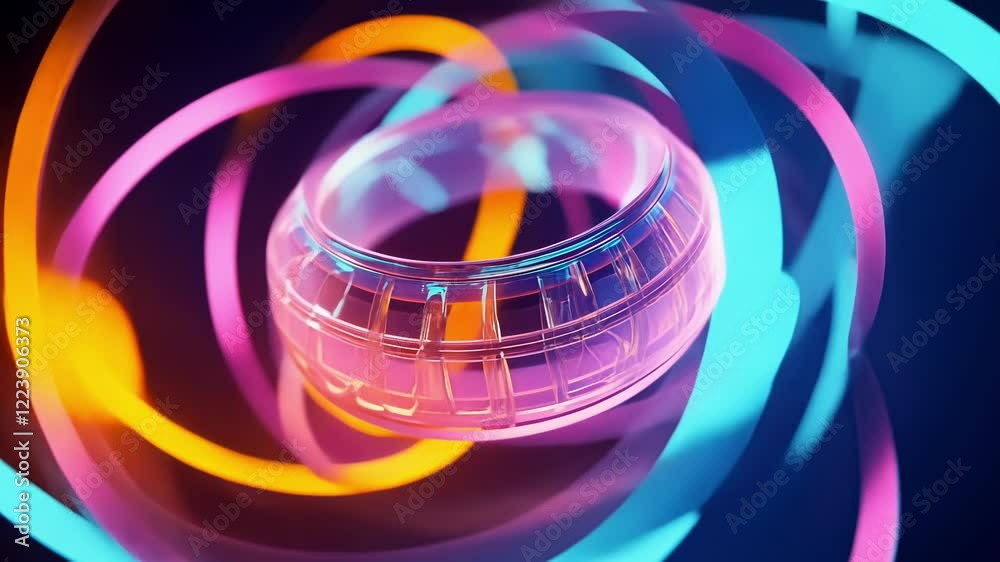 Poster complex transparent torus with glowing neon lights rotating inside an abstract structure, creating a