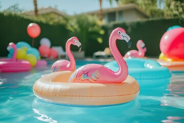 Summer fun with flamingo pool floats at a backyard pool water play relaxing environment bright and cheerful viewpoint