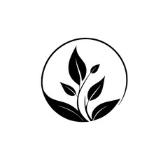Elegant Plant Leaves Circle Logo Design: Minimalist Black and White Botanical Vector Illustration