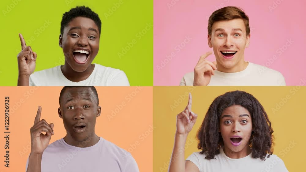 Poster four individuals showcase different emotions through facial expressions and gestures against vibrant