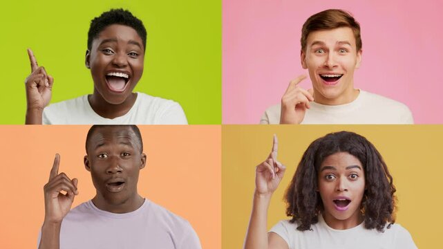 Four individuals showcase different emotions through facial expressions and gestures against vibrant backgrounds. Their diverse features highlight a blend of feelings.