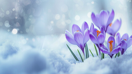 Purple Crocuses Blooming in Winter Landscape