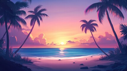 Obraz premium Tranquil Tropical Sunset Paradise: A Serene Beachscape at Dusk