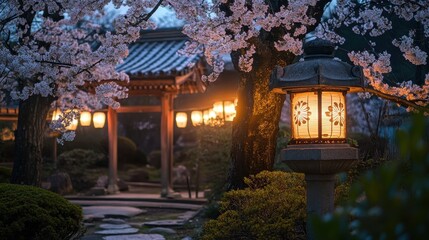 Fototapeta premium A serene garden scene at twilight, featuring cherry blossoms and illuminated lanterns, creating a peaceful, enchanting atmosphere.