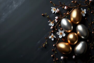 Naklejka premium Golden and silver Easter eggs with plum blossom flower on dark black slate table background with copy space