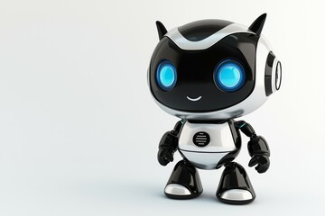 Fototapeta premium Robot with blue eyes and a black and white body, mini AI concept