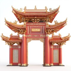 Fototapeta premium A traditional Chinese architectural structure with intricate detailing, featuring vibrant red and gold colors, showcasing ornate rooftops and decorative elements.