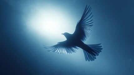 Majestic Bird in Flight with Outstretched Wings Silhouetted Against Ethereal Background of Blue Light and Mist, Symbolizing Freedom and Nature's Beauty