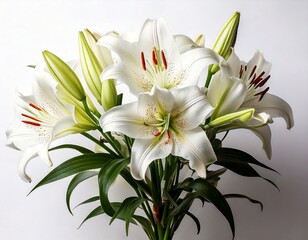 Fototapeta premium Branch of white lilies flowers. Mourning or funeral white background