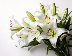 Fototapeta premium Branch of white lilies flowers. Mourning or funeral white background