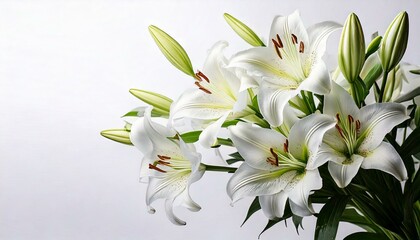 Fototapeta premium Branch of white lilies flowers. Mourning or funeral white background