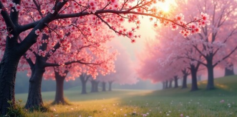 Fototapeta premium Soft pink light filters through cherry tree branches, serene landscape, natural scenery