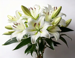Fototapeta premium Branch of white lilies flowers. Mourning or funeral white background