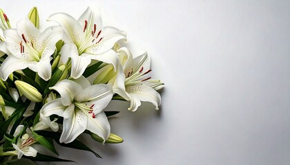 Obraz premium Branch of white lilies flowers. Mourning or funeral white background
