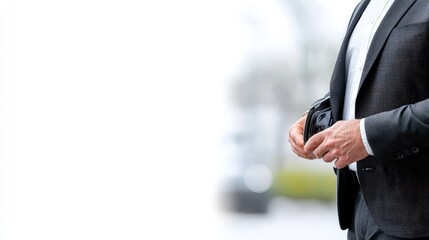 Businessman checking wallet outdoors, blurred city background, finance concept, website banner