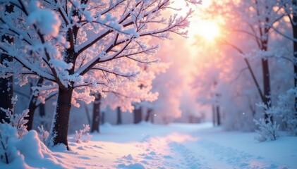 Naklejka premium Soft pink light filters through frosty branches, calm, natural light, snow-covered trees