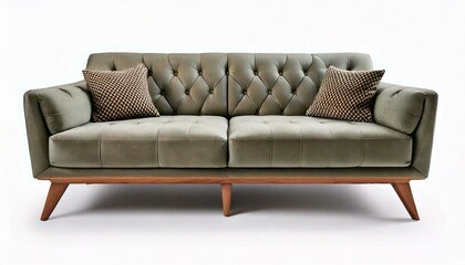 Fototapeta premium modern sofa with button tufts and angular wooden legs isolated white background 
