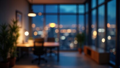 Modern office space at night. Blurred view of city lights outside large windows. Interior with plants, furniture. Abstract design. Nighttime urban vibe. Blending of indoor, outdoor elements. Working