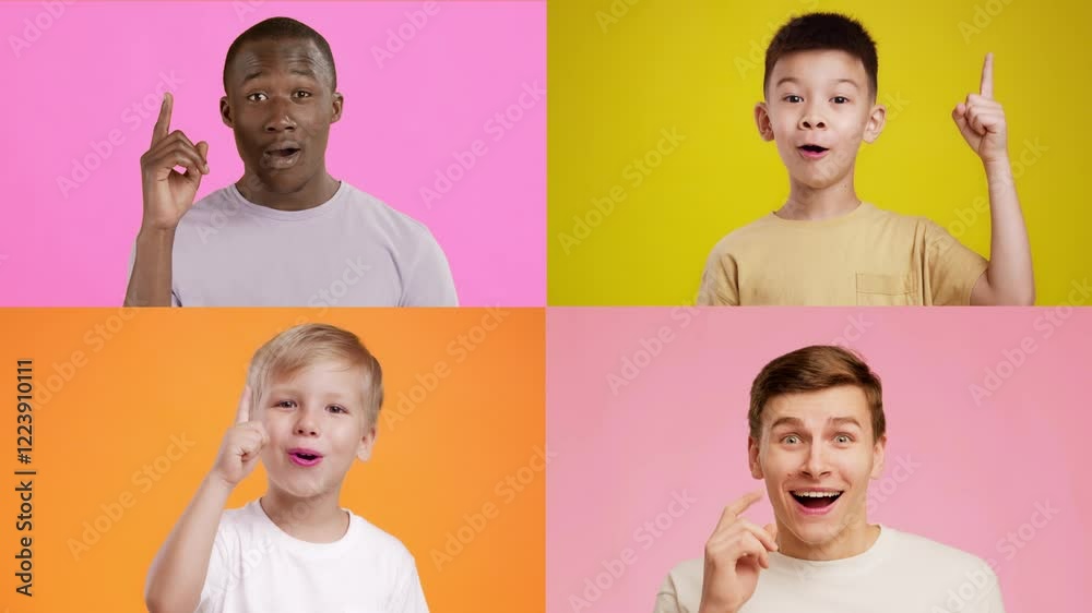 Poster a collection of diverse children showcasing different gestures and emotions against vibrant backgrou