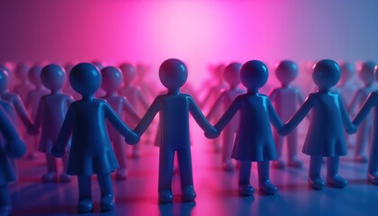Many small figures in vibrant blue stand together holding hands. Neon lights create sense of unity, community. Figures in circle, creating sense of belonging. Embody togetherness, solidarity.