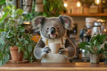 Fotobehang Charming koala barista serving coffee in a cozy australian surrounded by greenery close-up view whimsical concept © Worawee
