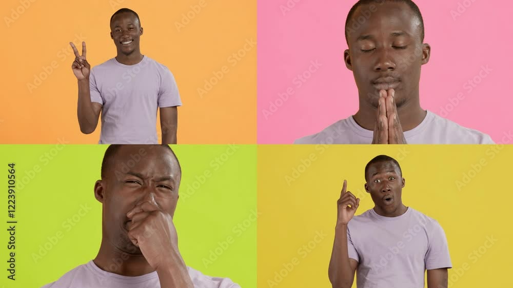 Poster A collage featuring African American lady displaying different emotions and gestures against vibrant colored backgrounds. Each section captures the individuality while showcasing emotion.