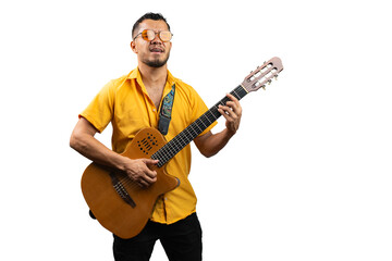 Musician playing an acoustic guitar with passion on a white background