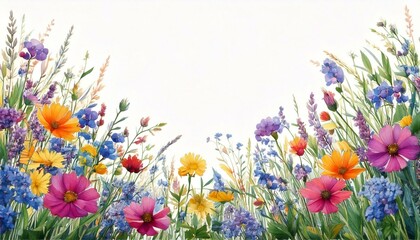  Colorful watercolor wild flower border for wedding, birthday, card,