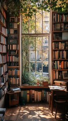 A cozy bookstore interior with wooden shelves, vintage books, and a reading nook by a window with natural light