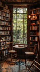 A cozy bookstore interior with wooden shelves, vintage books, and a reading nook by a window with natural light