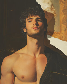 Renaissance eternal beauty concept. Creative collage of the handsome young man on dark brown background, using mix of different techniques. Close up portrait. Avant-garde postcard, poster style