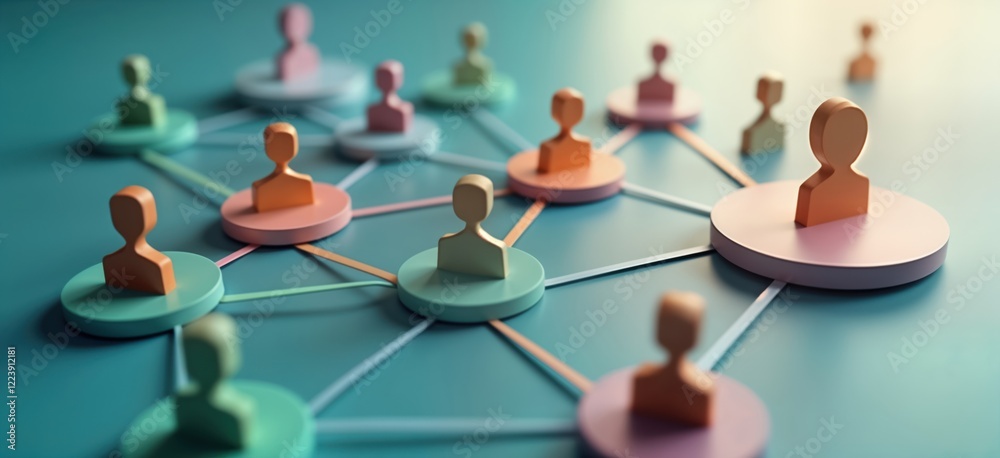 Poster colorful 3d people icons interconnected by lines on teal background. social media connections shown.
