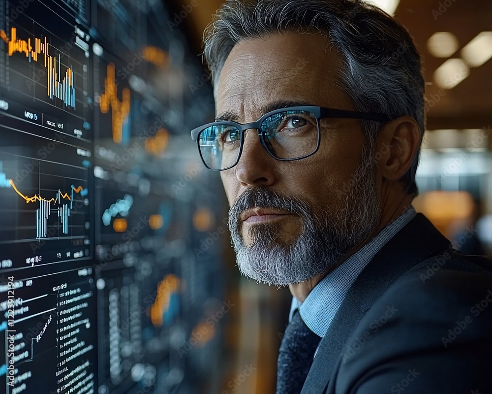 Poster confident businessman analyzing data on a large screen.