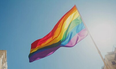 Pride flag waving under a clear blue sky