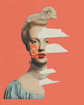 Marie Antoinette concept. Creative collage of the beautiful last queen of France using mix of different techniques. Close up portrait. Avant-garde postcard, poster style