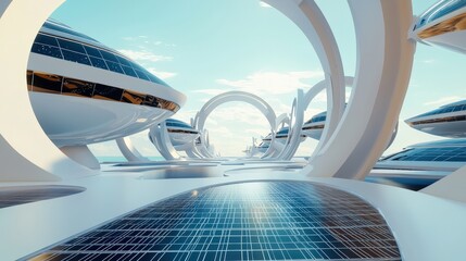 Obraz premium A solar-powered yacht navigating through a futuristic marina.