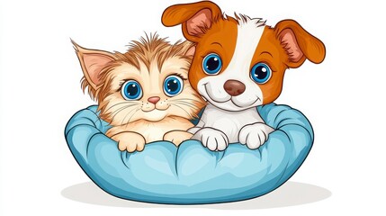 Naklejka premium Cute Dog and Cat Together in a Cozy Bed with Big Blue Eyes