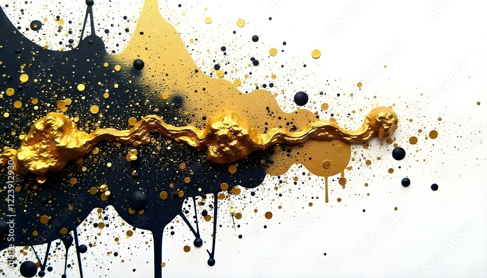 Aufkleber gold and black paint splattered across a white canvas background, accented with delicate sprinkles o