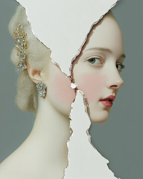 Marie Antoinette concept. Creative collage of the beautiful last queen of France using mix of different techniques. Close up portrait. Avant-garde postcard, poster style